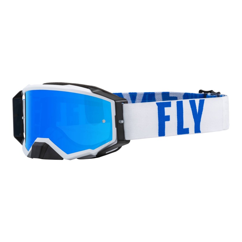 FLY Racing Zone Pro Goggle – White / Blue with Sky Blue Mirror / Smoke Lens